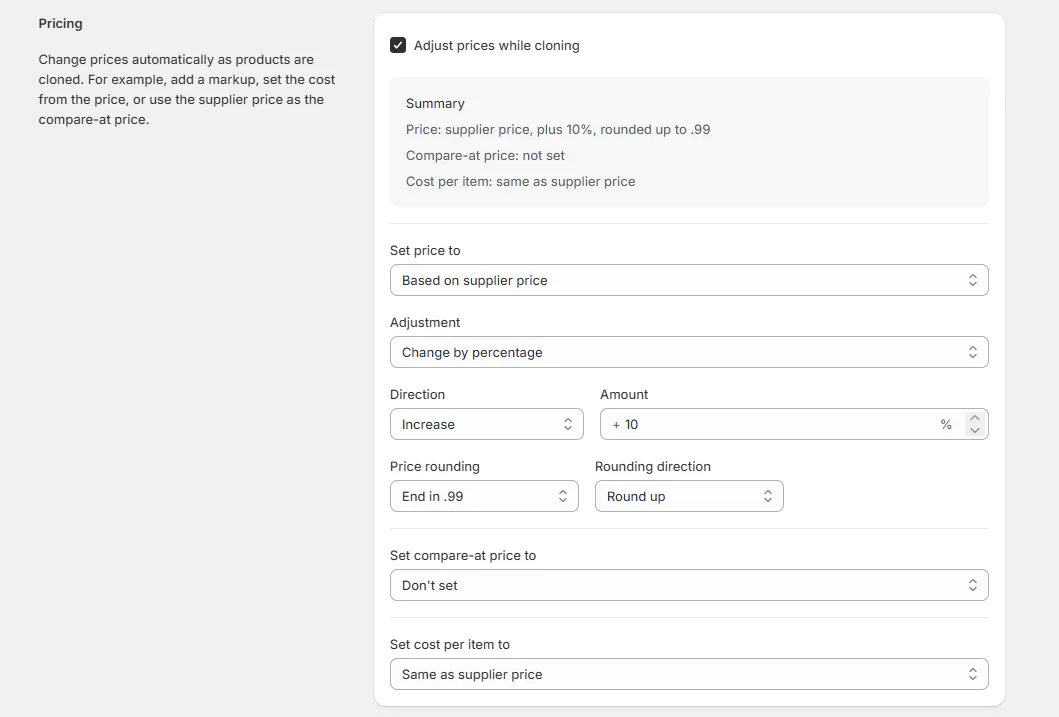 Clonely pricing settings with a 10% markup rounded to .99, and a summary of the new price, compare-at price, and cost