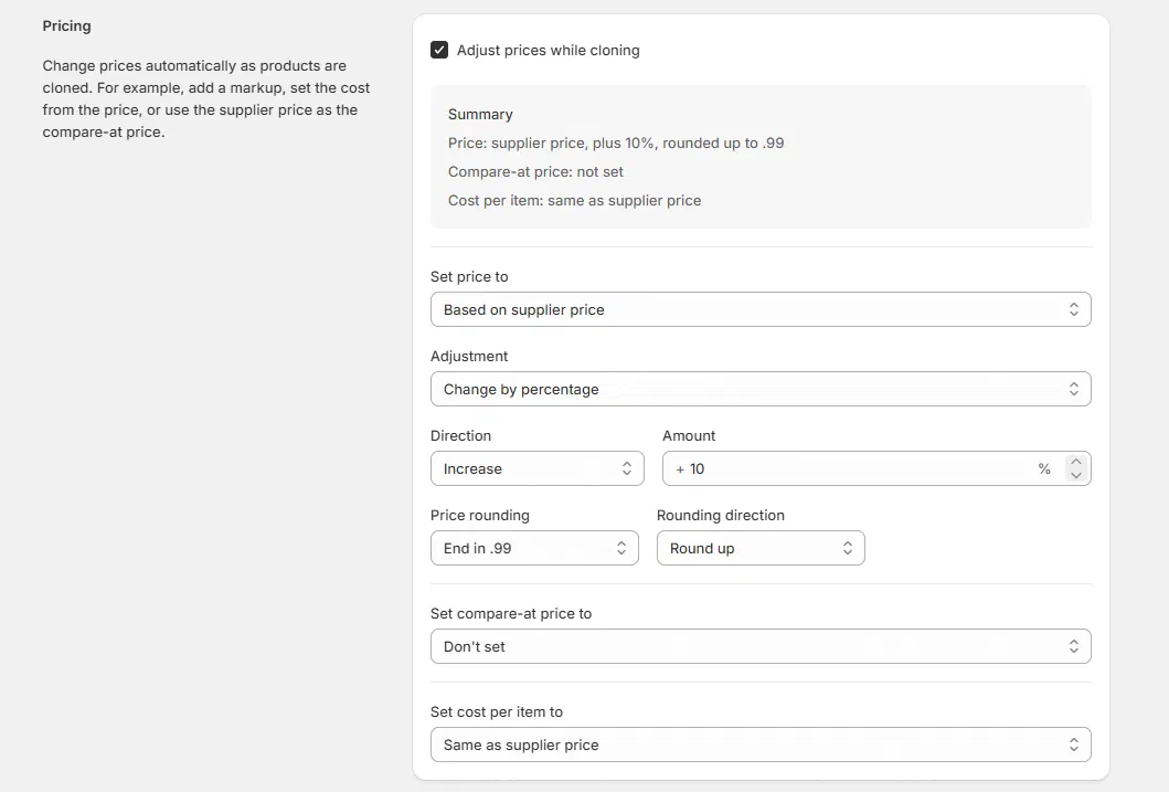 Clonely pricing settings with a 10% markup rounded to .99, and a summary of the new price, compare-at price, and cost