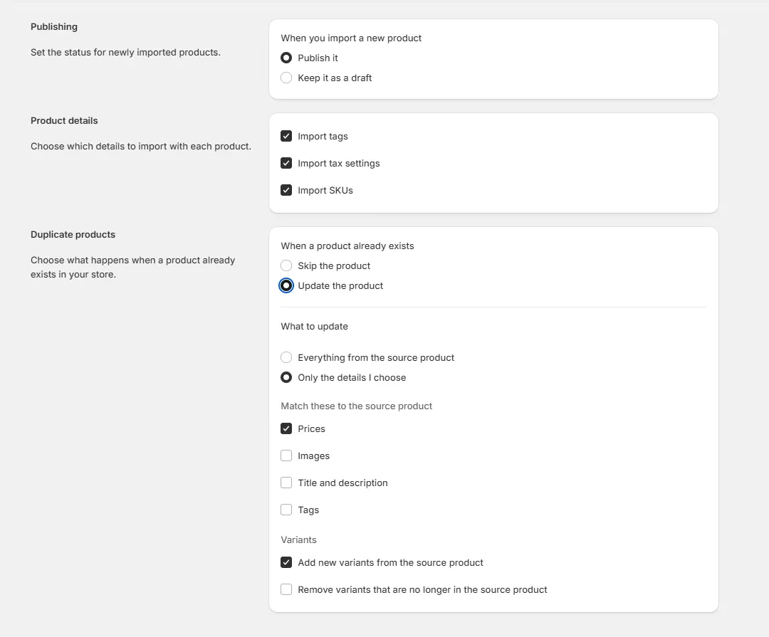 Clonely settings screen with import defaults including publishing, product details, and duplicate handling options