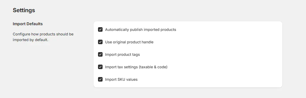 Clonely settings screen with import defaults including auto-publish and draft mode options