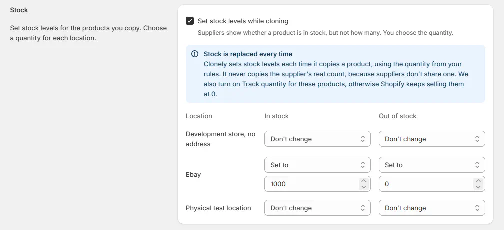 Clonely stock settings with rules to set inventory levels per location for in-stock and out-of-stock products