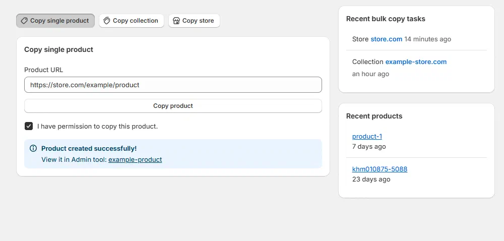 Clonely app showing the copy product screen with a store URL entered and product data loaded