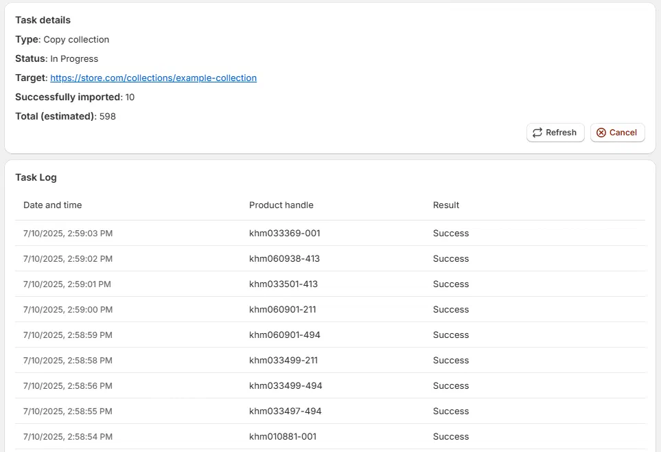 Clonely tasks screen showing a collection import running in the background