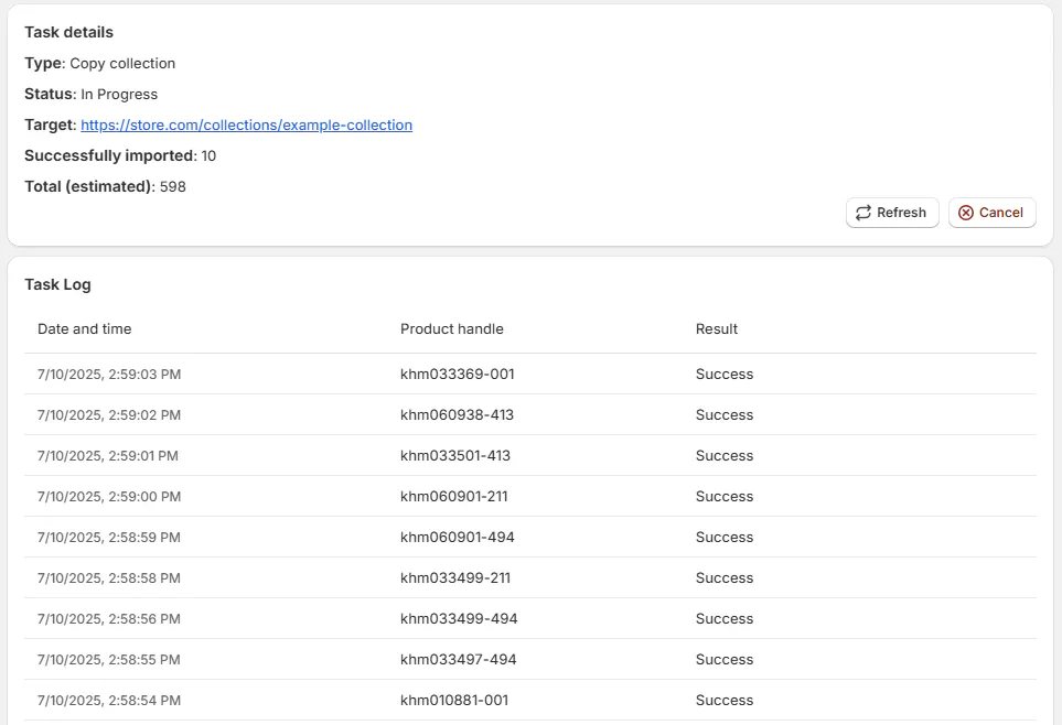 Clonely tasks screen showing a collection import running in the background